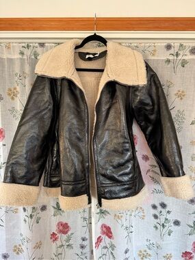 ASOS Black Faux Leather Jacket with Cream Sherpa Trim